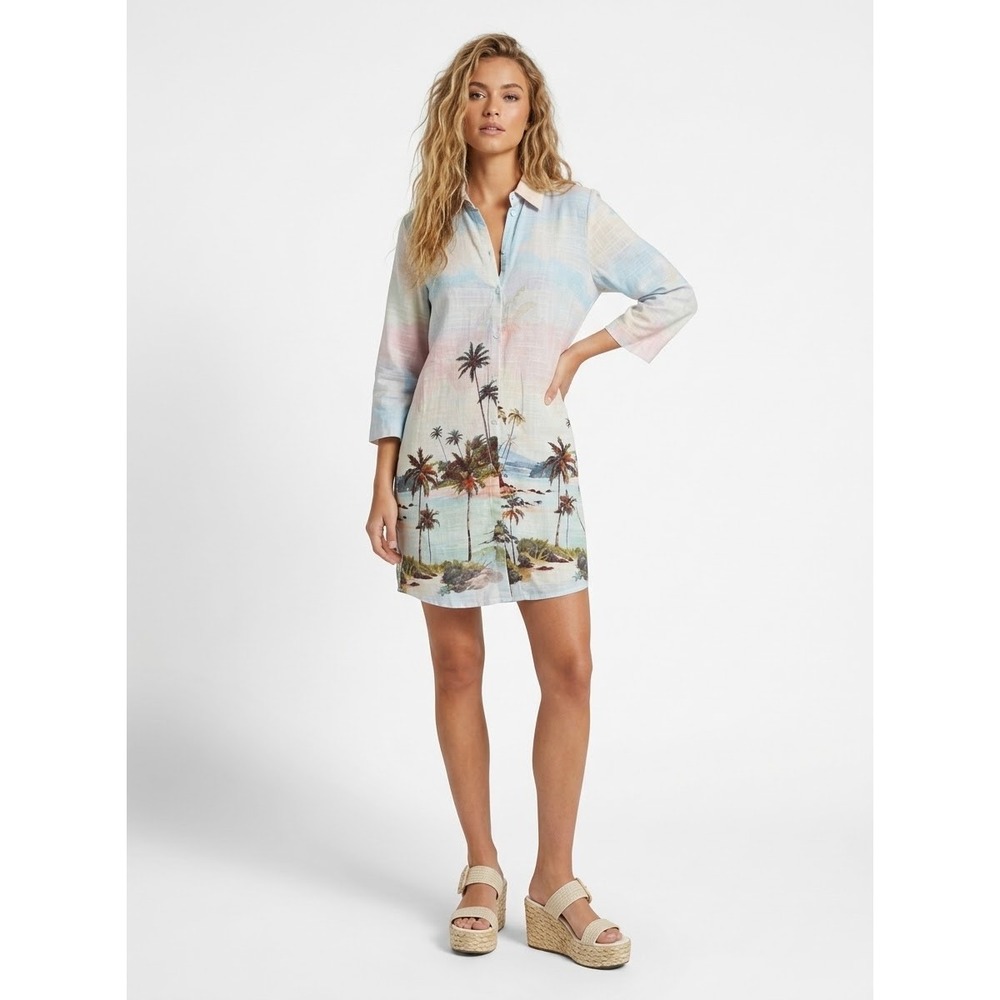 Label of Love Tropical Palm Tree Shirt Dress Linen Beach Cover Up NWT Small